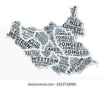 South Sudan shape text cloud. Country border with shadow on white background. South Sudan with regions division in vintage gazette style. Amazing vector illustration.