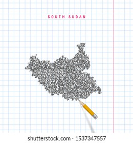 South Sudan sketch scribble vector map drawn on checkered school notebook paper background