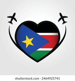 South Sudan Travel Heart Flag With Airplane Icons