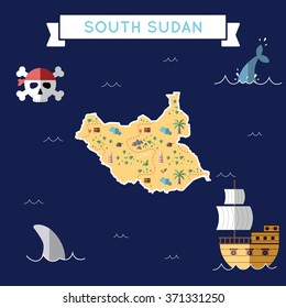 South Sudan treasure map in flat design. Colorful cartoon treasure map of South Sudan with flat design icons of pirate ship and jolly roger. South Sudan flat design vector illustration.