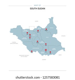 South Sudan vector map. Editable template with regions, cities, red pins and blue surface on white background.