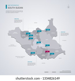 South Sudan vector map with infographic elements, pointer marks. Editable template with regions, cities and capital Juba. 