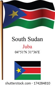 south sudan wavy flag and coordinates against white background, vector art illustration, image contains transparency
