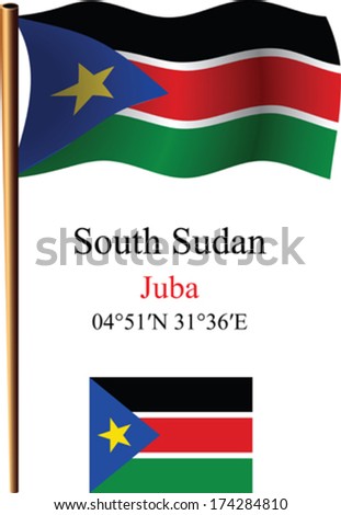 south sudan wavy flag and coordinates against white background, vector art illustration, image contains transparency