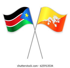 South Sudanese and Bhutanese crossed flags. South Sudan combined with Bhutan isolated on white. Language learning, international business or travel concept.
