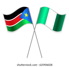 South Sudanese and Nigerian crossed flags. South Sudan combined with Nigeria isolated on white. Language learning, international business or travel concept.