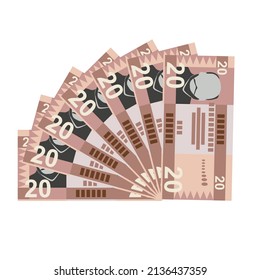 South Sudanese Pound Vector Illustration. South Sudan money set bundle banknotes. Paper money 20 Db. Flat style. Isolated on white background. Simple minimal design.