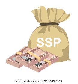 South Sudanese Pound Vector Illustration. South Sudan money set bundle banknotes. Money bag 20 Db. Flat style. Isolated on white background. Simple minimal design.
