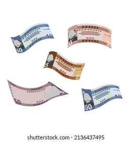 South Sudanese Pound Vector Illustration. South Sudan money set bundle banknotes. Falling, flying money 100, 50, 25, 20 Db. Flat style. Isolated on white background. Simple minimal design.