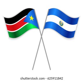 South Sudanese and Salvadoran crossed flags. South Sudan combined with El Salvador isolated on white. Language learning, international business or travel concept.