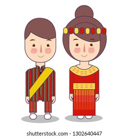 South Sulawesi province wedding Couple, cute Indonesian traditional clothes costume bride and groom cartoon vector illustration flat