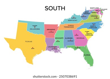 South, U.S. census region, colored political map. Census region 3 of United States, consisting of 16 single states and District of Columbia. Colored silhouettes of States with borders and capitals.