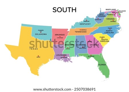 South, U.S. census region, colored political map. Census region 3 of United States, consisting of 16 single states and District of Columbia. Colored silhouettes of States with borders and capitals.