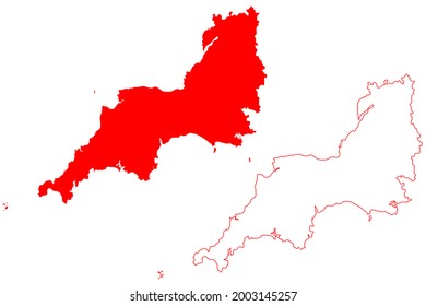 South West England Region (Vereinigtes Königreich, Region England) Karte, Vektorgrafik, Skizze South West England Karte