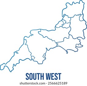 South West region of England with administrative subdivisions. Abstract hand drawn simplified shape map. Soft blue gradient outline map to use for any purpose