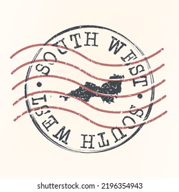 South West, UK Stamp Map Postal. Silhouette. Passport Round Design. Vektorsymbol. Design Retro Travel National Symbol.