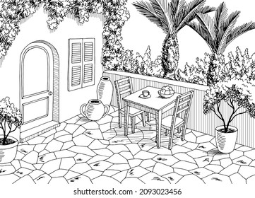 South yard graphic black white landscape sketch illustration vector