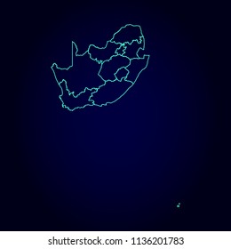 SouthAfrica map: blue glitter outline with sparkling stars on dark background. Detailed map of SouthAfrica. Vector illustration.