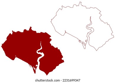 Southampton City and unitary authority area (United Kingdom of Great Britain and Northern Ireland, ceremonial county Hampshire or Hants, England) map vector illustration, scribble sketch map