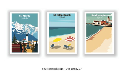 Southampton, England, St. Kilda Beach, Australien, St. Moritz, Schweiz - Klassisches Reiseplakat. Vektorillustration. Qualitativ hochwertige Ausdrucke