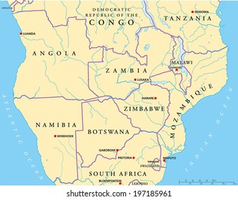 South-Central Africa Political Map with capitals, national borders, rivers and lakes. Vector illustration with English labeling and scaling.