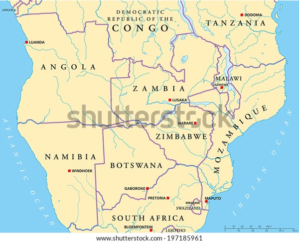 Southcentral Africa Political Map Capitals National Stock Vector