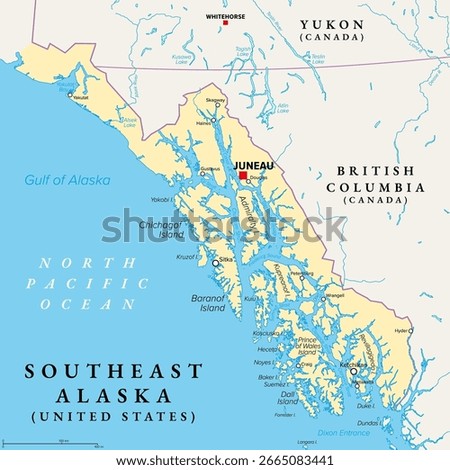 Southeast Alaska, also called Alaskan panhandle, political map. Region and southeastern portion of U.S. state of Alaska, on North Pacific, bordered by Canadian provinces British Columbia and Yukon.