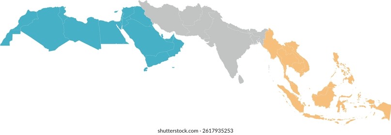 Southeast Asia ASEAN and Southern Asia and MENA in World Eckert V Projection