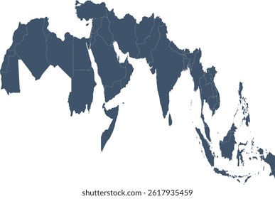 Southeast Asia ASEAN and Southern Asia and MENA in World Equidistant Cylindrical Projection