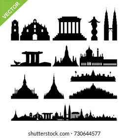 Southeast Asia cities landmark and skyline silhouettes vector