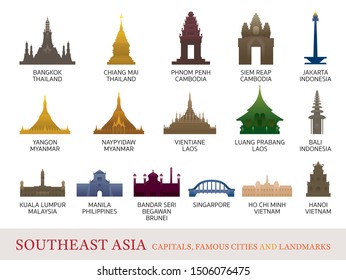 Southeast Asia Cities Landmarks Colorful Silhouette, Capitals, Famous Place, Buildings, Travel and Tourist Attraction