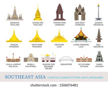 Lugares emblemáticos de las ciudades del sudeste asiático en estilo plano, capitales, lugares famosos, edificios, viajes y atracción turística