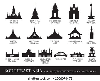 Southeast Asia Cities Landmarks Silhouette, Capitals, Famous Place, Buildings, Travel and Tourist Attraction