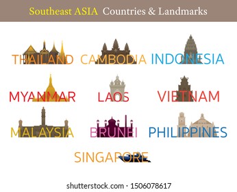 Southeast Asia Countries Landmarks with Text or Word, Famous Place and Historical Buildings, Travel and Tourist Attraction