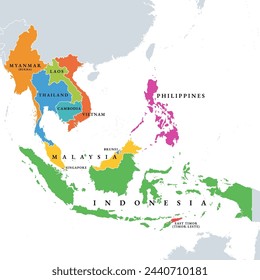 Southeast Asia countries, political map. Geographical region of Asia, bordered by East and South Asia, by the Bay of Bengal, Oceania, the Pacific Ocean, and bordered by Australia and the Indian Ocean.