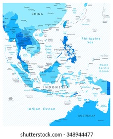 Southeast Asia Detailed Map Blue Colors