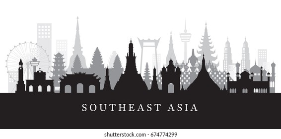 Southeast Asia Landmarks Skyline In Black And White Silhouette, Cityscape, Travel And Tourist Attraction