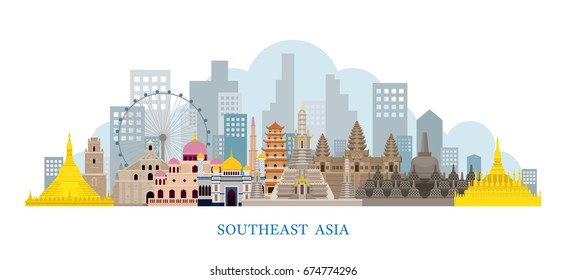 Southeast Asia Landmarks Skyline, Cityscape, Travel And Tourist Attraction