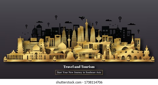 Southeast Asia Landmarks Travel postcard, poster, tour advertising of world famous landmarks. Vectors illustrations