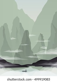 Southeast Asia landscape vector illustration with rocks, cliffs and sea. China or Vietnam tourism promotion. Eps10 vector illustration.
