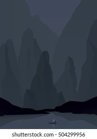 Southeast Asia landscape vector illustration with rocks, cliffs and sea at night. China or Vietnam tourism promotion. Eps10 vector illustration.