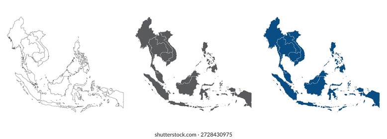 Mapa de Linha Do Sudeste Asiático com Variações de Cor Azul Branco e Cinza. Mapa do Sudeste Asiático em conjunto simples.