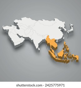 Southeast Asia location within Asia 3d isometric map