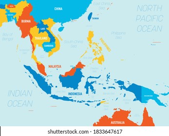 Southeast Asia map - 4 bright color scheme. High detailed political map of southeastern region with country, ocean and sea names labeling.