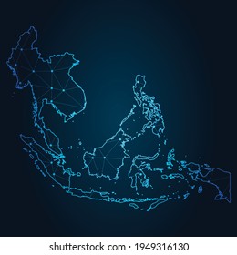 Southeast Asia Map Abstract Mash Line And Point Scales On Dark Background. Wire Frame 3D Mesh Polygonal Network Line.