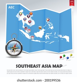 southeast asia map with aec member national flags in location balloons on blue paper fold next to a compass and colorful pins, abstract vector illustration