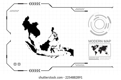 Mapa del sudeste asiático del marco digital negro HUD, GUI, interfaz de interfaz de usuario vector de radar.