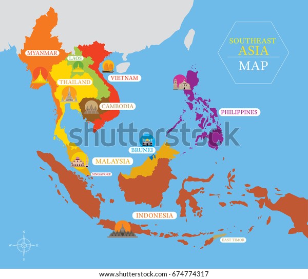 国のアイコンと場所 史跡 旅行 観光名所のある東南アジアの地図 のベクター画像素材 ロイヤリティフリー