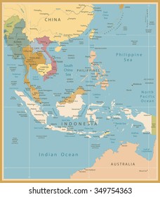 Southeast Asia Map Detailed Vintage Colors.All elements are separated in editable layers clearly labeled.