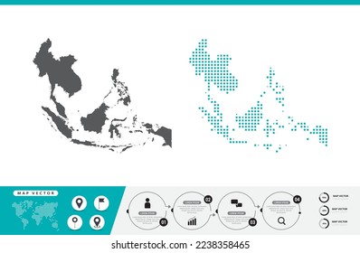 Mapa de puntos grises y verdes del sudeste asiático para presentación. Establece el concepto creativo de un par de píxeles para infografía.